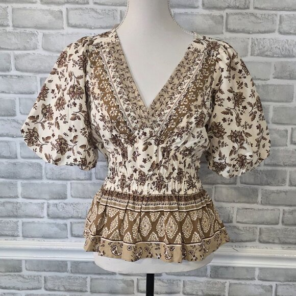 Loft Striped Floral Pintucked V-Neck Peplum Blouse Puff Sleeve Cottage NEW M - Picture 1 of 8